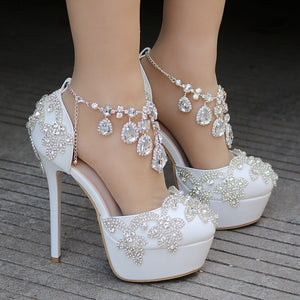 Women rhinestone platform stiletto side cut chain strap wedding heels