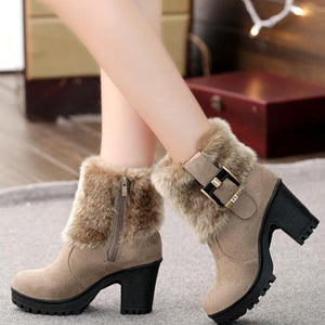 Women's warm lining chunky block heel ankle boots faux fur cuff bukcle strap booties