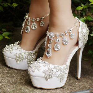 Women rhinestone platform stiletto side cut chain strap wedding heels