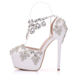 Women rhinestone platform stiletto side cut chain strap wedding heels