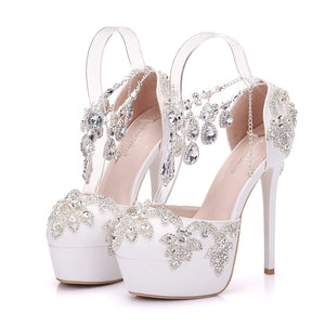 Women rhinestone platform stiletto side cut chain strap wedding heels