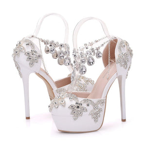 Women rhinestone platform stiletto side cut chain strap wedding heels