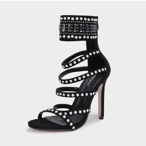 Women sequin ankle strap peep toe stiletto rhinestone strappy heels