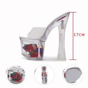 Women peep toe strap platform flower chunky clear heels