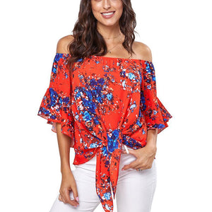 Women flare sleeve floral knot sexy off shoulder t shirt