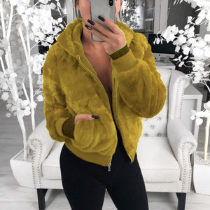 Women Hoodie Solid Faux Fur Coat With Pockets