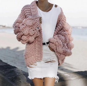 Women's balloon sleeve cardigan sweater fashion knit popcorn sweater