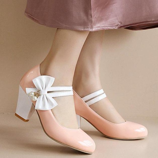 Women bowknot rhinestone strap closed toe slip on chunky heels