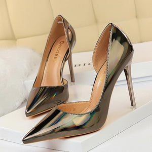Women pointed toe metal mirror prom sexy side cut stiletto heels