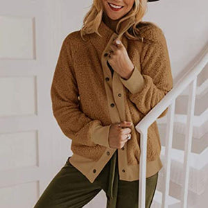 Women winter long sleeve standing collar buttons faux fur coat