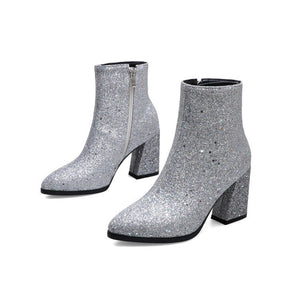 Women pointed toe chunky heel side zipper sequin glitter booties