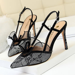 Women lace flower pointed toe slingback buckle strap stiletto heels