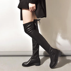 Women's elastic thigh high black boots plush lining knee high boots