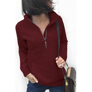 Women plaid solid color quarter zip pullover with pocket