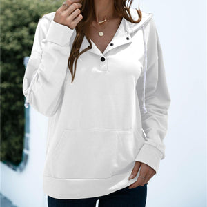 Women solid color button collar hoodie sweatshirt with pocket