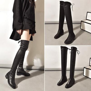 Women's elastic thigh high black boots plush lining knee high boots