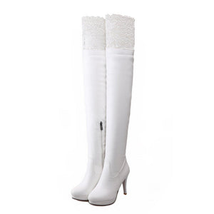 Women platform stiletto high heel lace thigh high boots