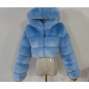 Women hooded cropped solid color long sleeve faux fur coat