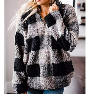 Women plaid chunky high neck faux fur quarter zip pullover