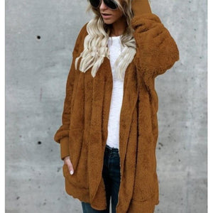 Women faux fur fleece hooded winter warm outerwear