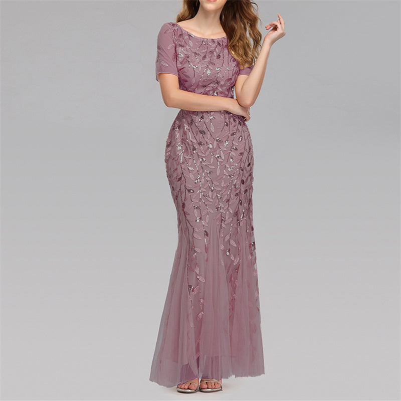 Floral sequins mesh patchwork bodycon fishtail maxi dress | Premium evening gowns party prom dress
