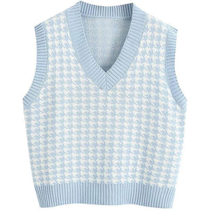 Winter fall pullover knit v neck plaid sweater vest women