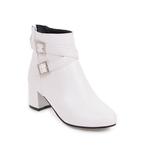Women buckle strap back zipper solid color chunky heel short boots