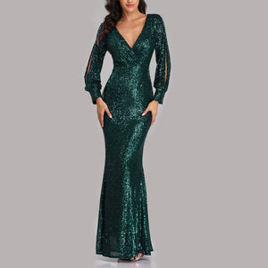 Sexy v neck sequins shinning memaid flare party dress | Fall winter long sleeves sheath maxi dress evening gowns