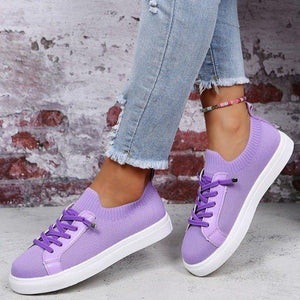 Women knit solid color white flat heel lace slip on sneaker