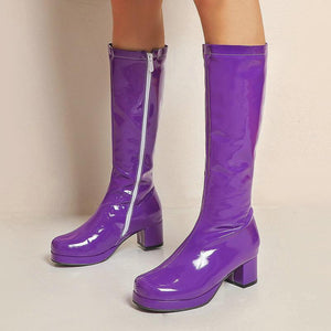 Women solid color block heel platform PU patent leather mid calf boots