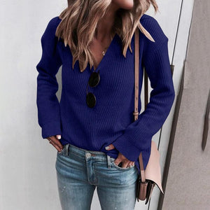 Women knit long sleeve pullover v neck sweater