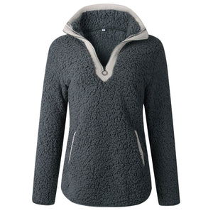 Women winter faux fur sweatshirt quarter zip pullover with pocket