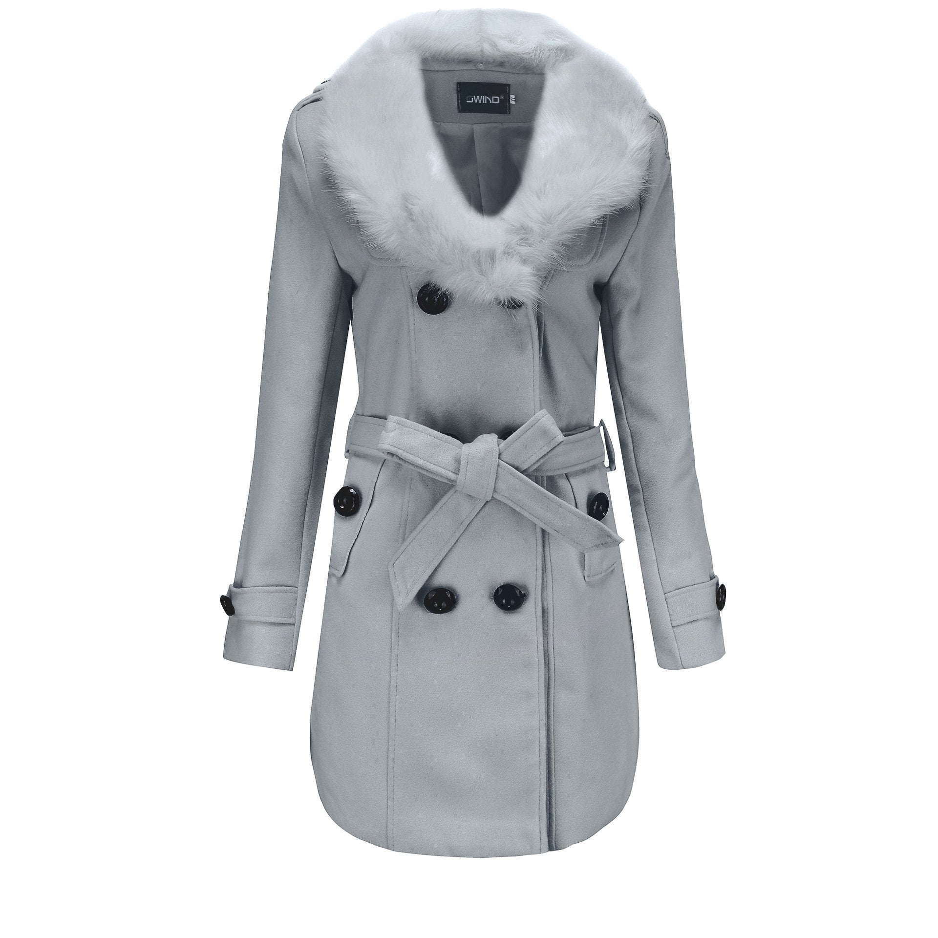 Women faux fur collar long sleeve waist strap double breasted coat