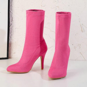 Women's stretchy mid calf sock boots | Candy color stiletto mid calf boots for party