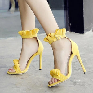 Women ruffle peep toe buckle ankle strap stiletto heels