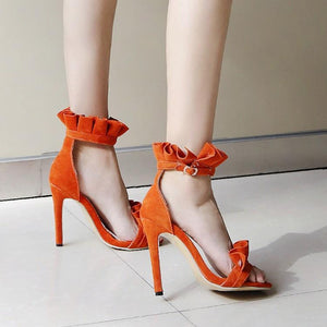 Women ruffle peep toe buckle ankle strap stiletto heels