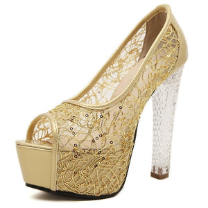 Women lace flower peep toe sexy platform heels