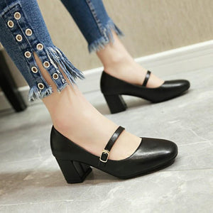 Women vintage slip on round toe buckle strap chunky heel sandals