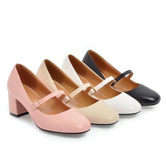 Women vintage slip on round toe buckle strap chunky heel sandals