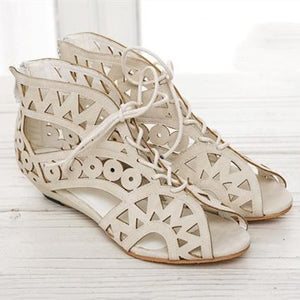 Womens' peep toe hollow low heel gladiator sandals with back zipper