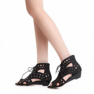 Womens' peep toe hollow low heel gladiator sandals with back zipper