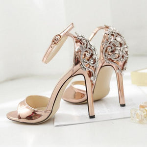 Women peep toe flower rhinestone buckle ankle strap stiletto heels