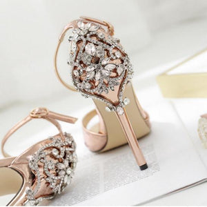 Women peep toe flower rhinestone buckle ankle strap stiletto heels