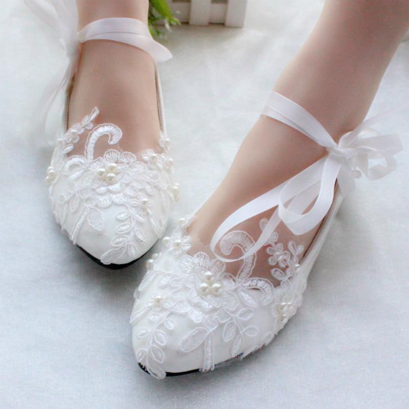 White floral lace ankle lace-up wedding flats