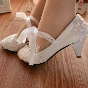 White floral lace ankle lace-up wedding flats