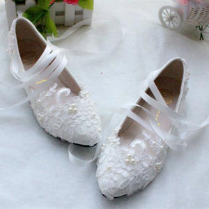 White floral lace ankle lace-up wedding flats