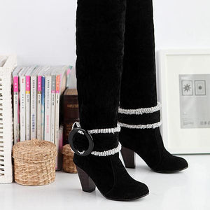 Women block heel buckle strap knee high winter boots