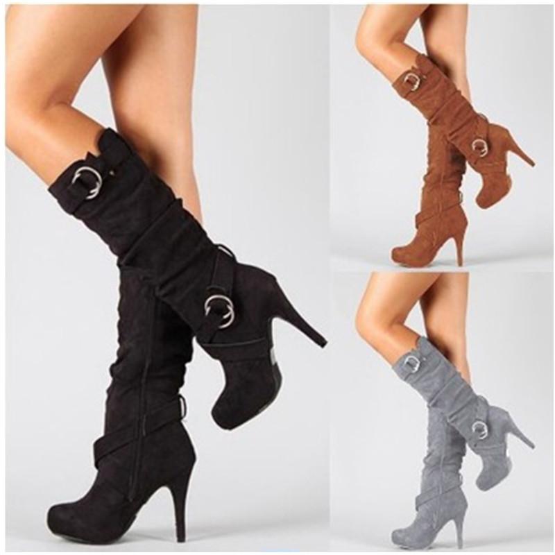 Women's stiletto high knee high boots  buckle strap heeled boots