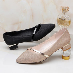 Women pointed toe shallow fashion strap chunky low heels