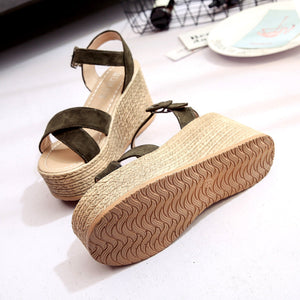 Women criss cross peep toe buckle strap platform wedge sandals